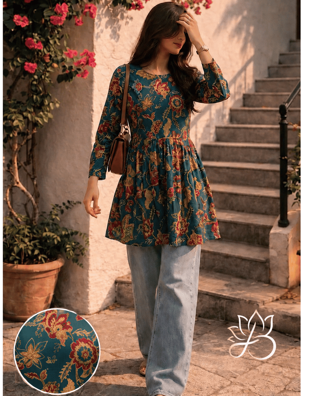 Teal Floral Peplum Short Kurti