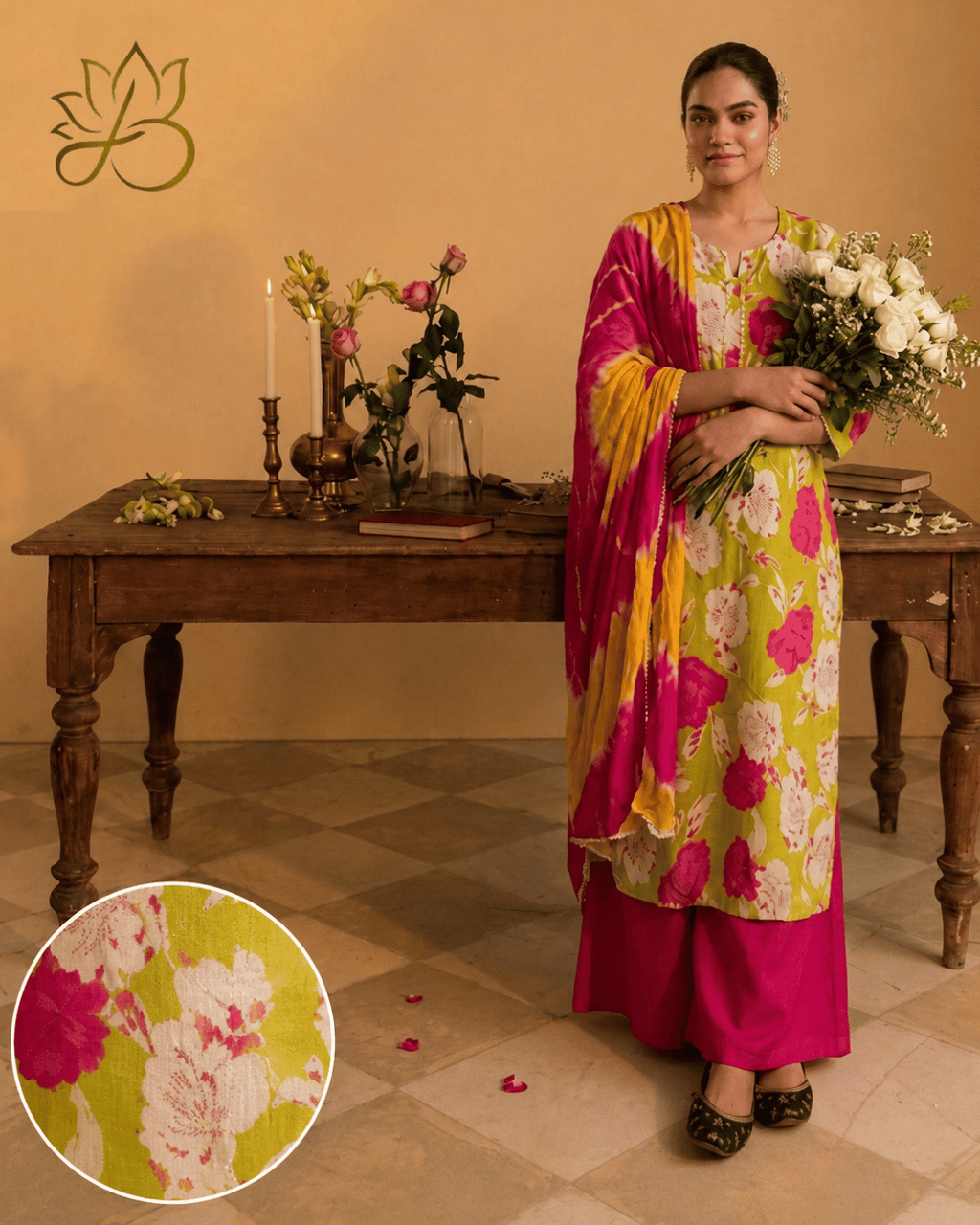 Lime Green Floral Suit Set with Dupatta and pink palazzo