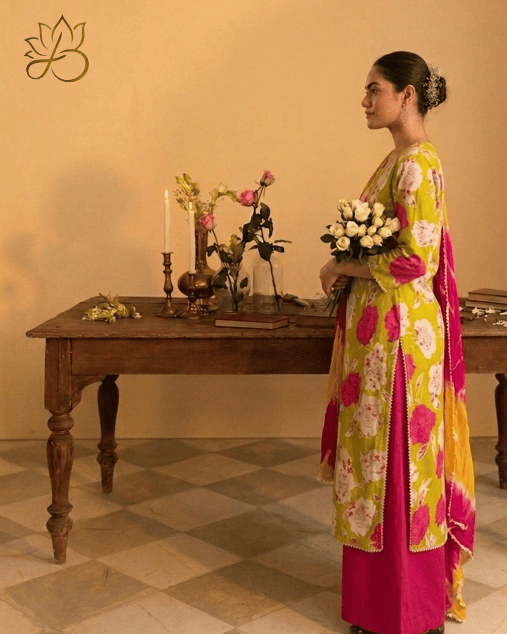 Lime Green Floral Suit Set with Dupatta and pink palazzo