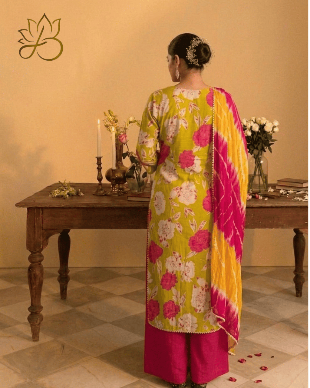 Lime Green Floral Suit Set with Dupatta and pink palazzo