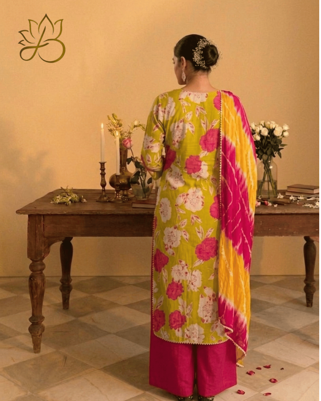 Lime Green Floral Suit Set with Dupatta and pink palazzo