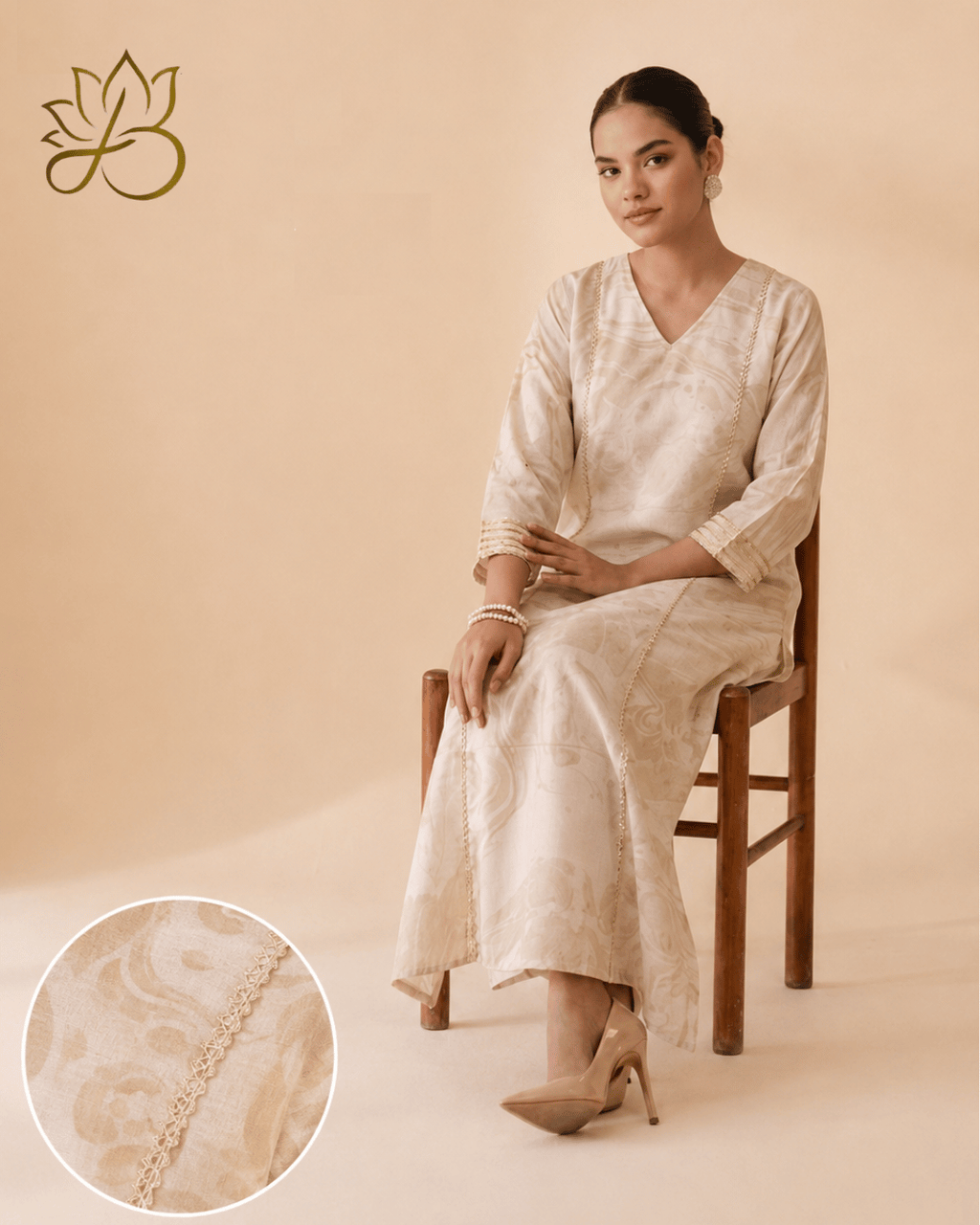 Cream Marble Print Long Kurti with Pants