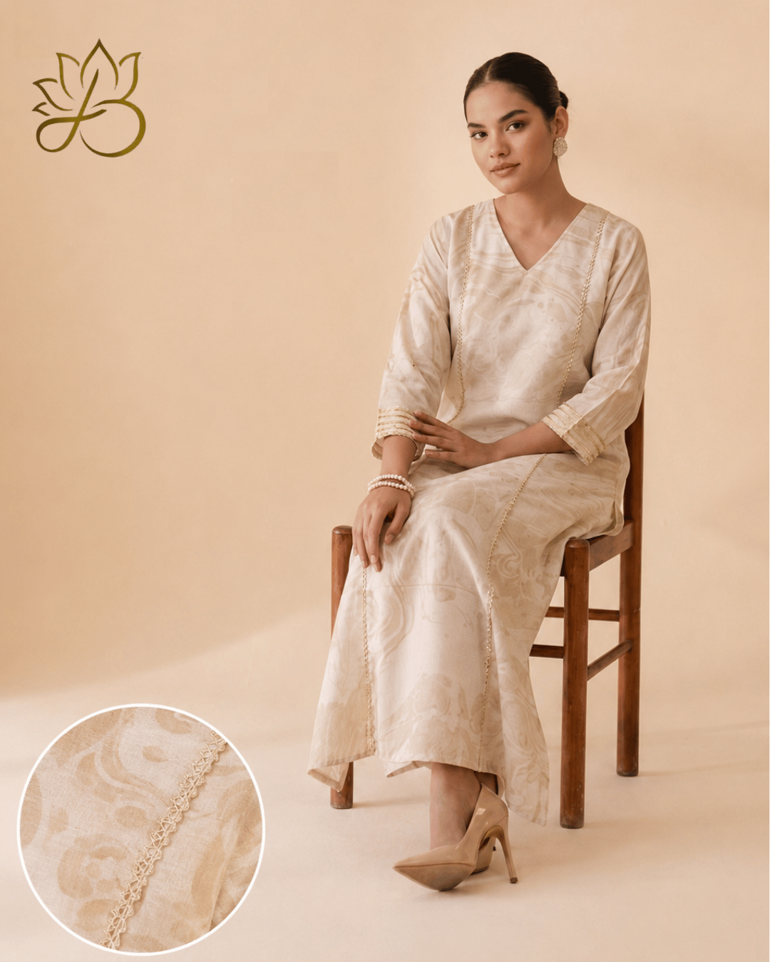 Cream Marble Print Long Kurti with Pants