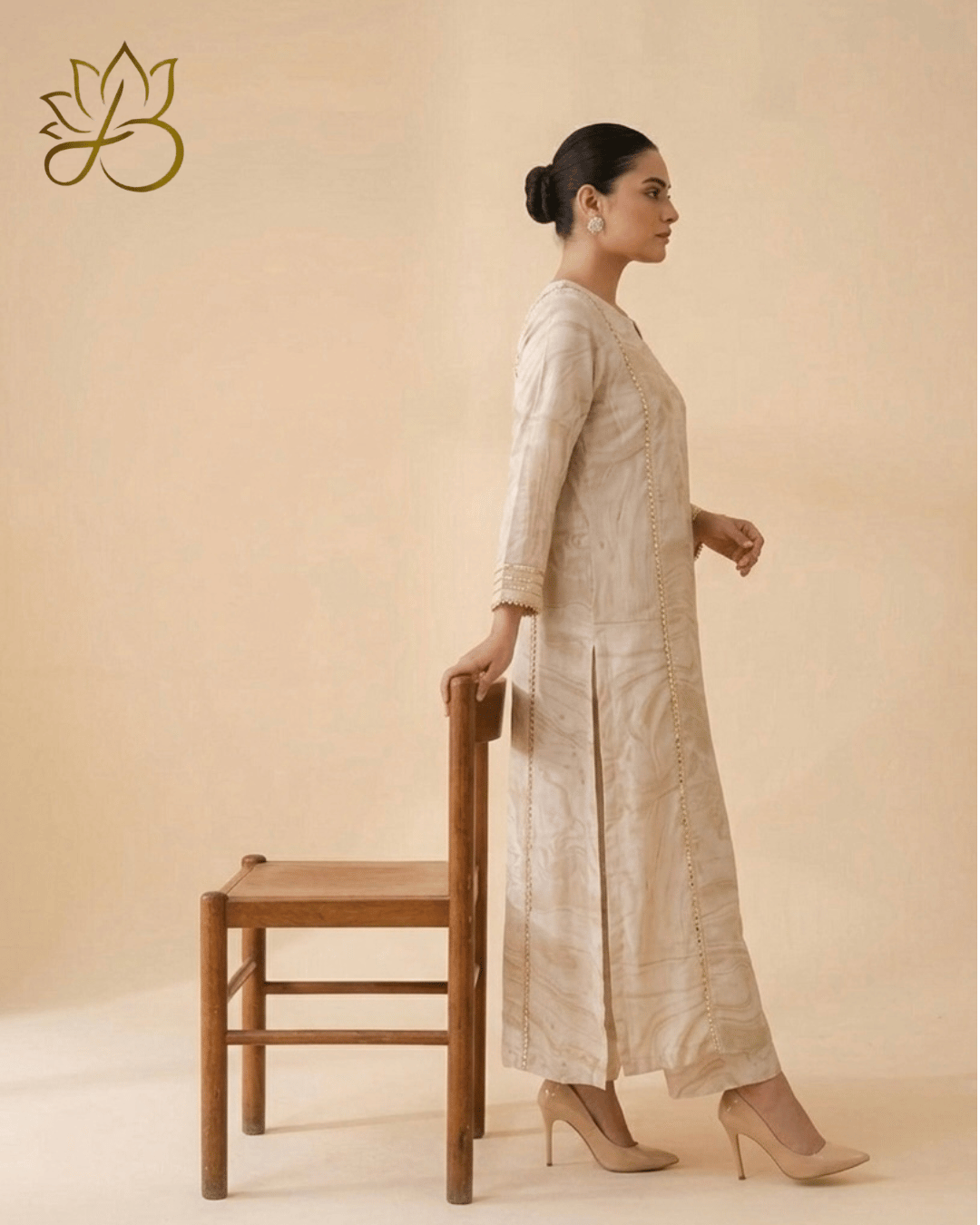 Cream Marble Print Long Kurti with Pants