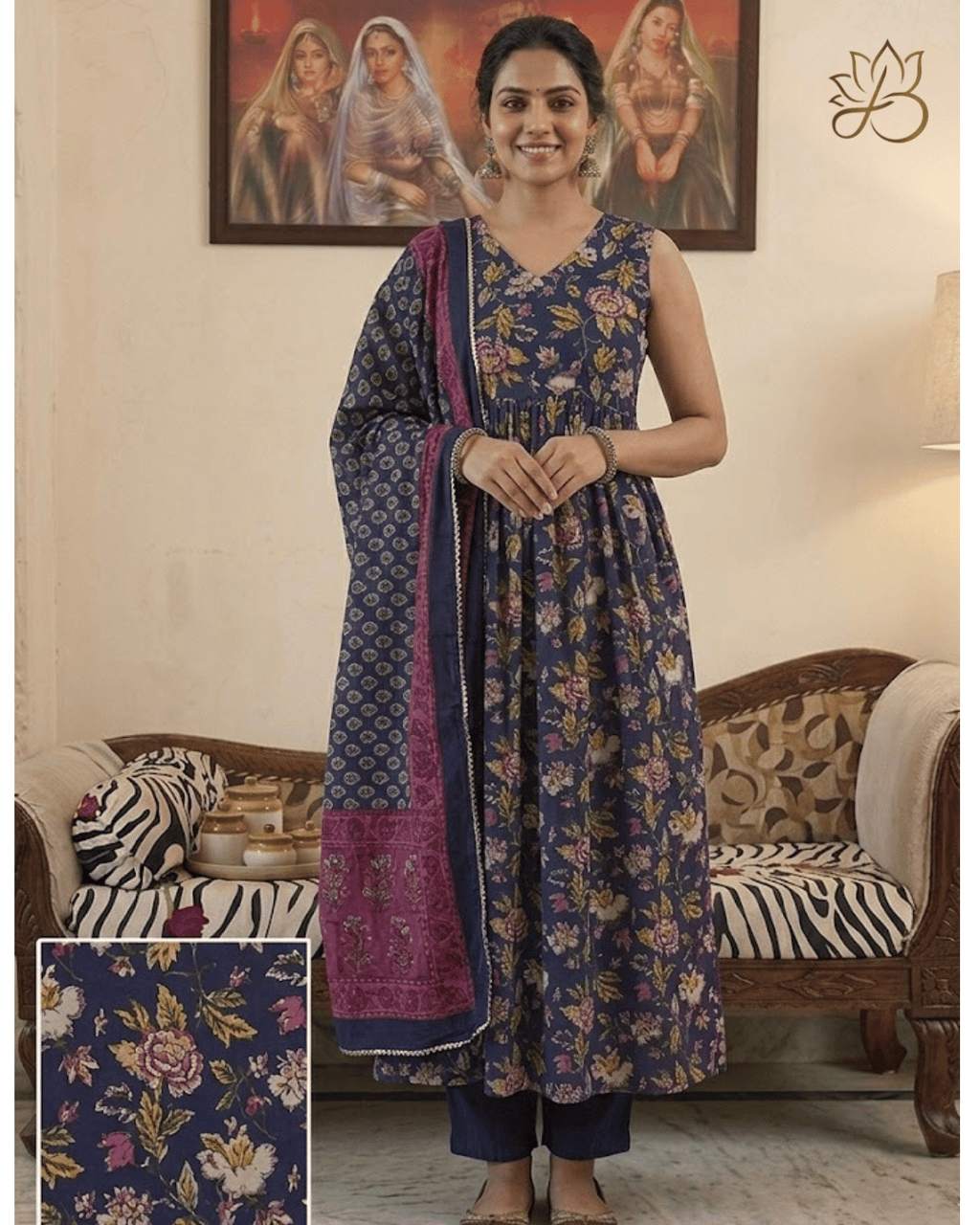 Navy Blue Tiered Floral Kurti with Pants