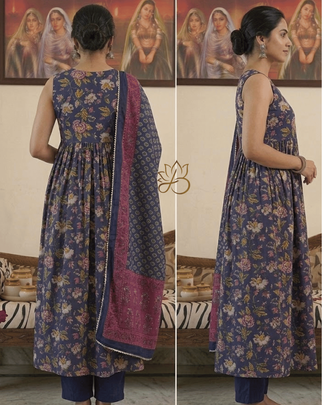 Navy Blue Tiered Floral Kurti with Pants