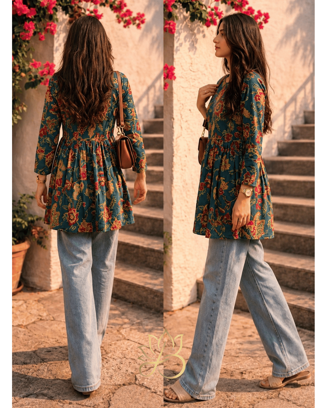Teal Floral Peplum Short Kurti