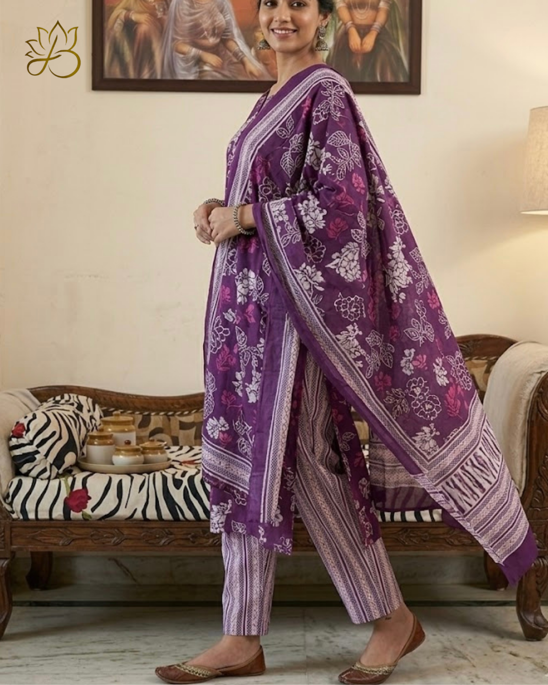 Purple Floral Block Print Suit Set with Dupatta