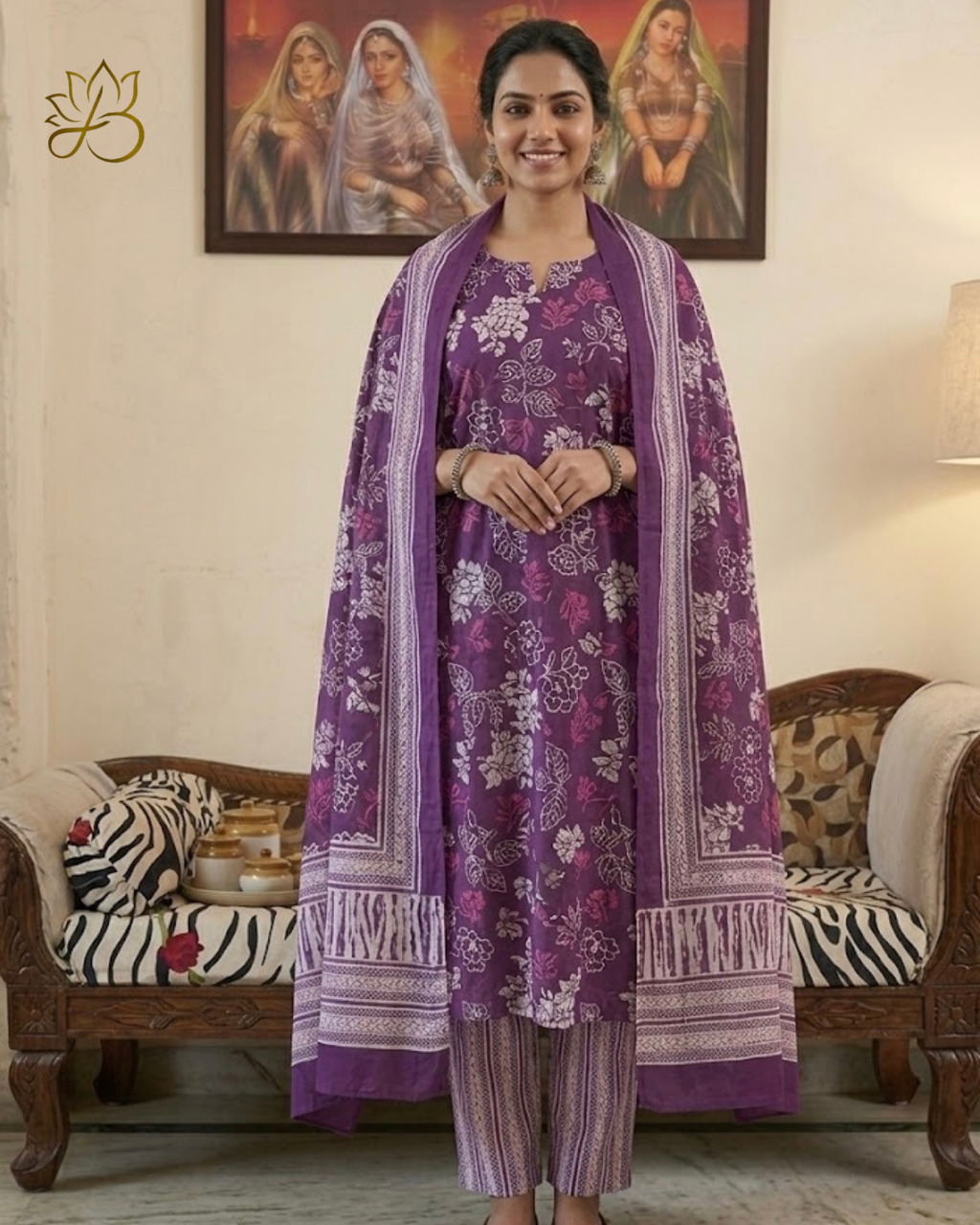 Purple Floral Block Print Suit Set with Dupatta