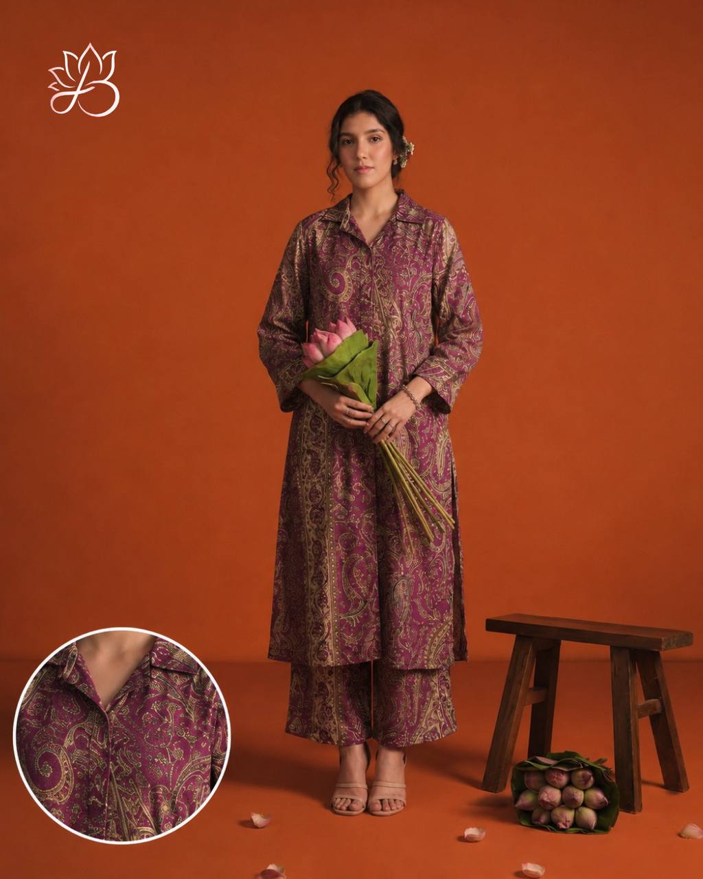 Wine Paisley Print Collared Tunic with Palazzo Set