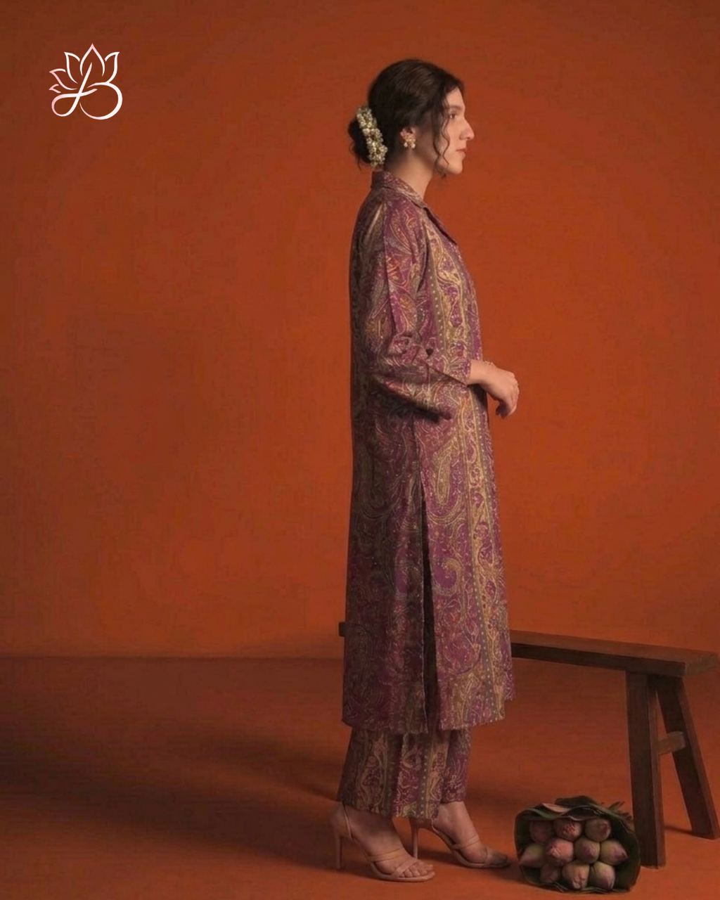 Wine Paisley Print Collared Tunic with Palazzo Set
