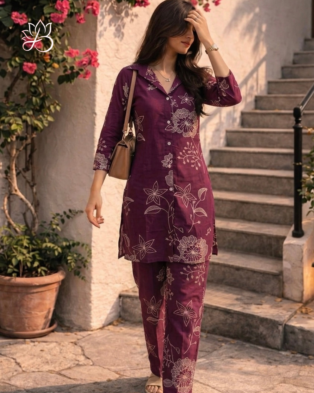 Wine Floral Printed Co-ord Set (Kurta + Pants)