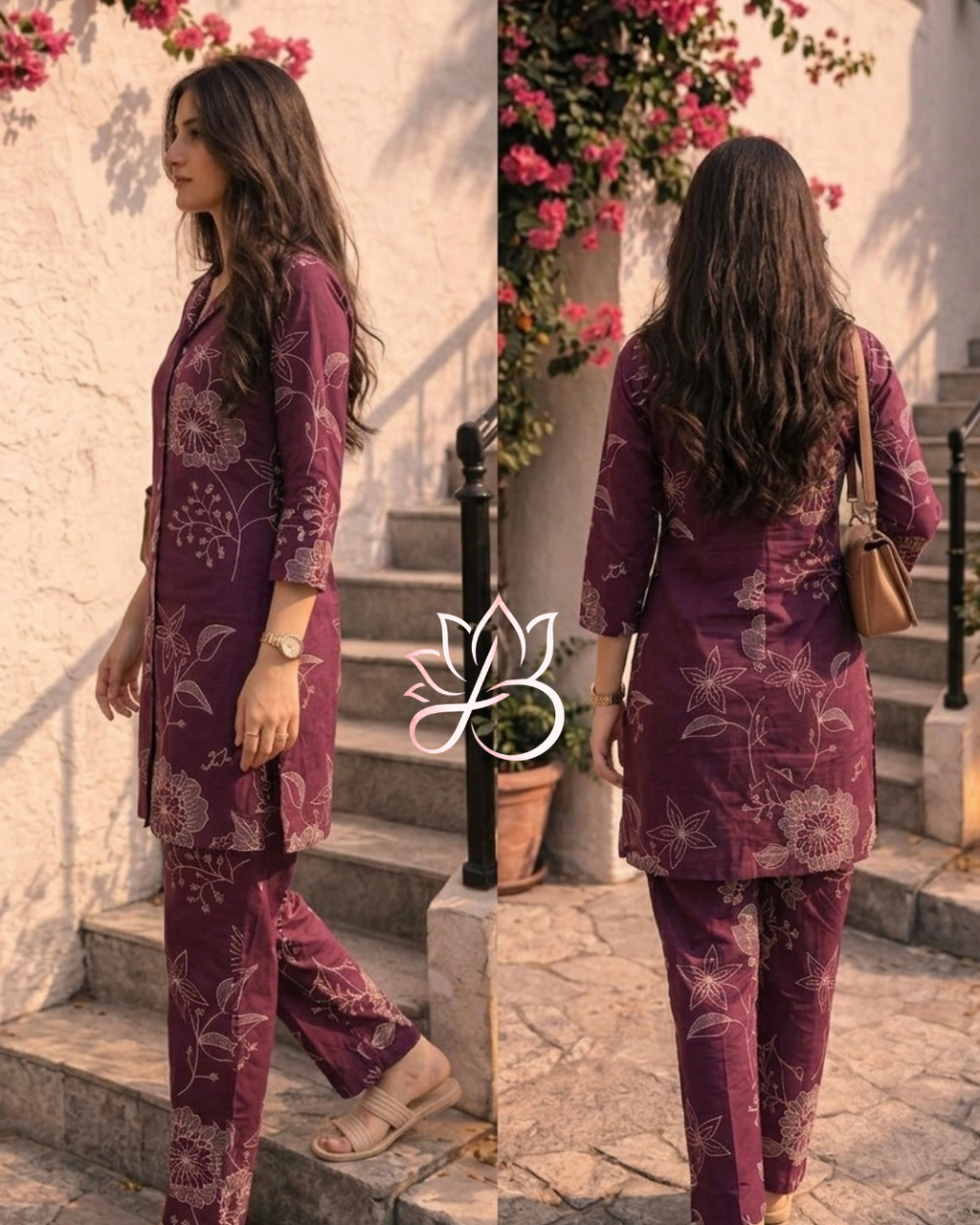 Wine Floral Printed Co-ord Set (Kurta + Pants)