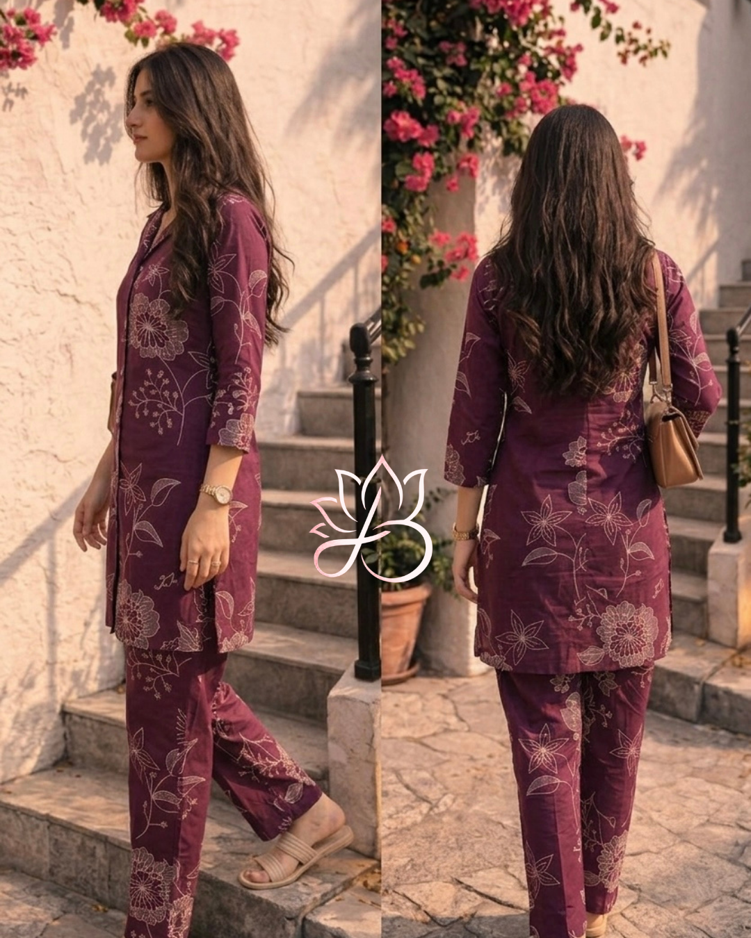 Wine Floral Printed Co-ord Set (Kurta + Pants)