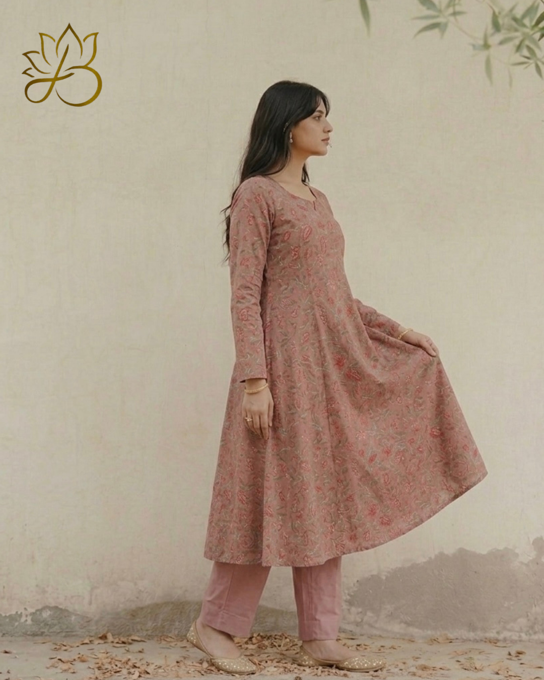 Dusty Pink Paisley Floral Anarkali with Pants