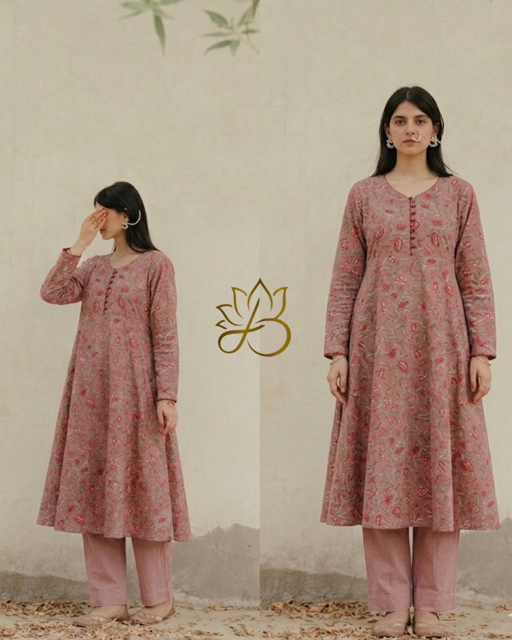 Dusty Pink Paisley Floral Anarkali with Pants