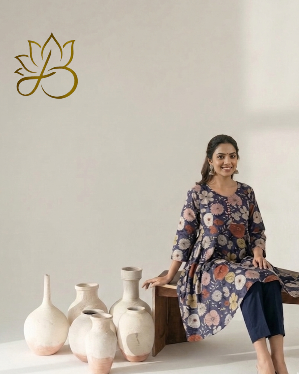 Navy Blue Tiered Floral Kurti with Pants