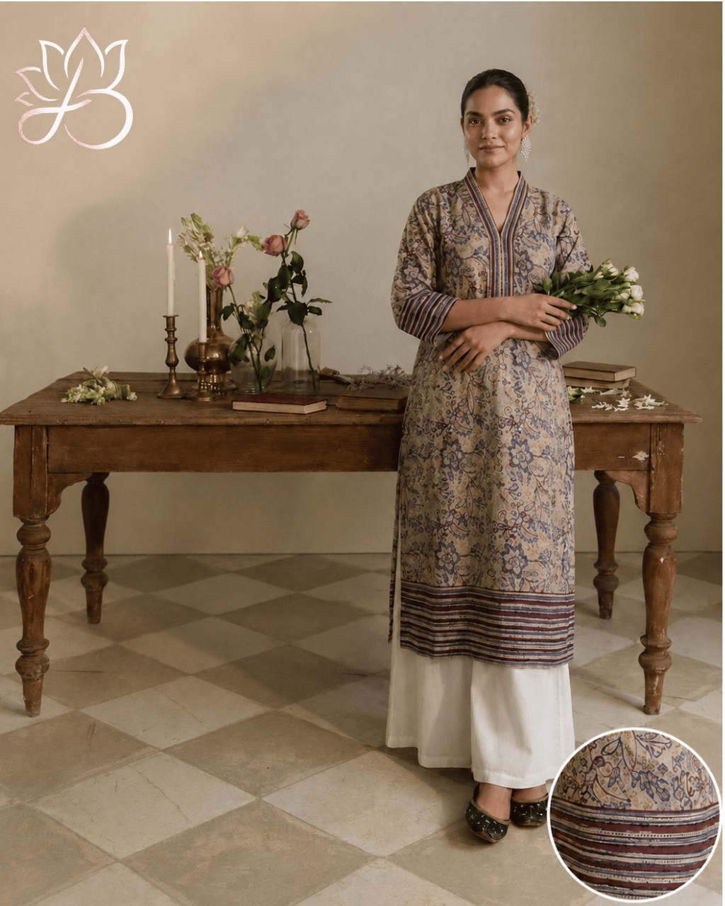 Beige Kalamkari Long Kurti