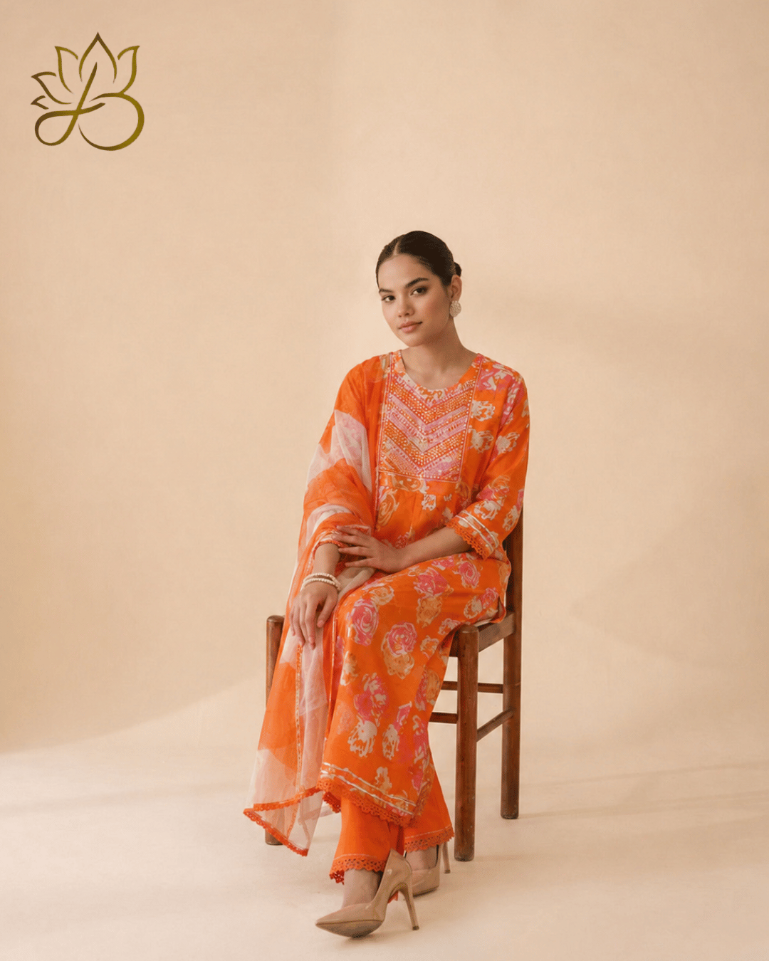 Orange Floral Print Suit Set with Organza Dupatta