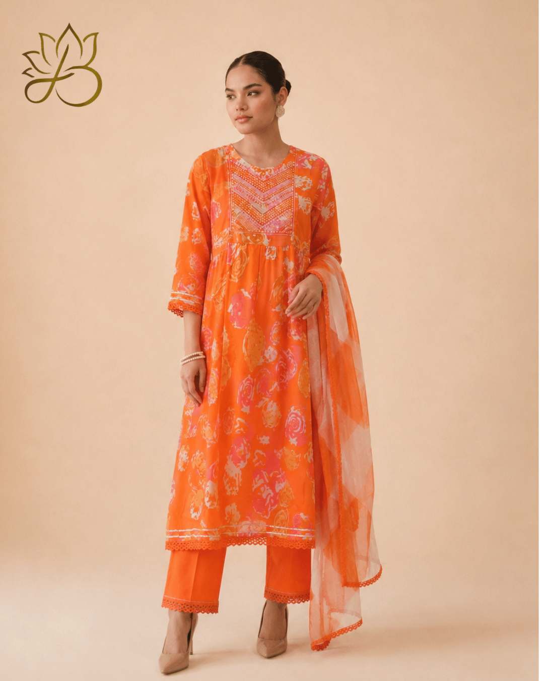 Orange Floral Print Suit Set with Organza Dupatta