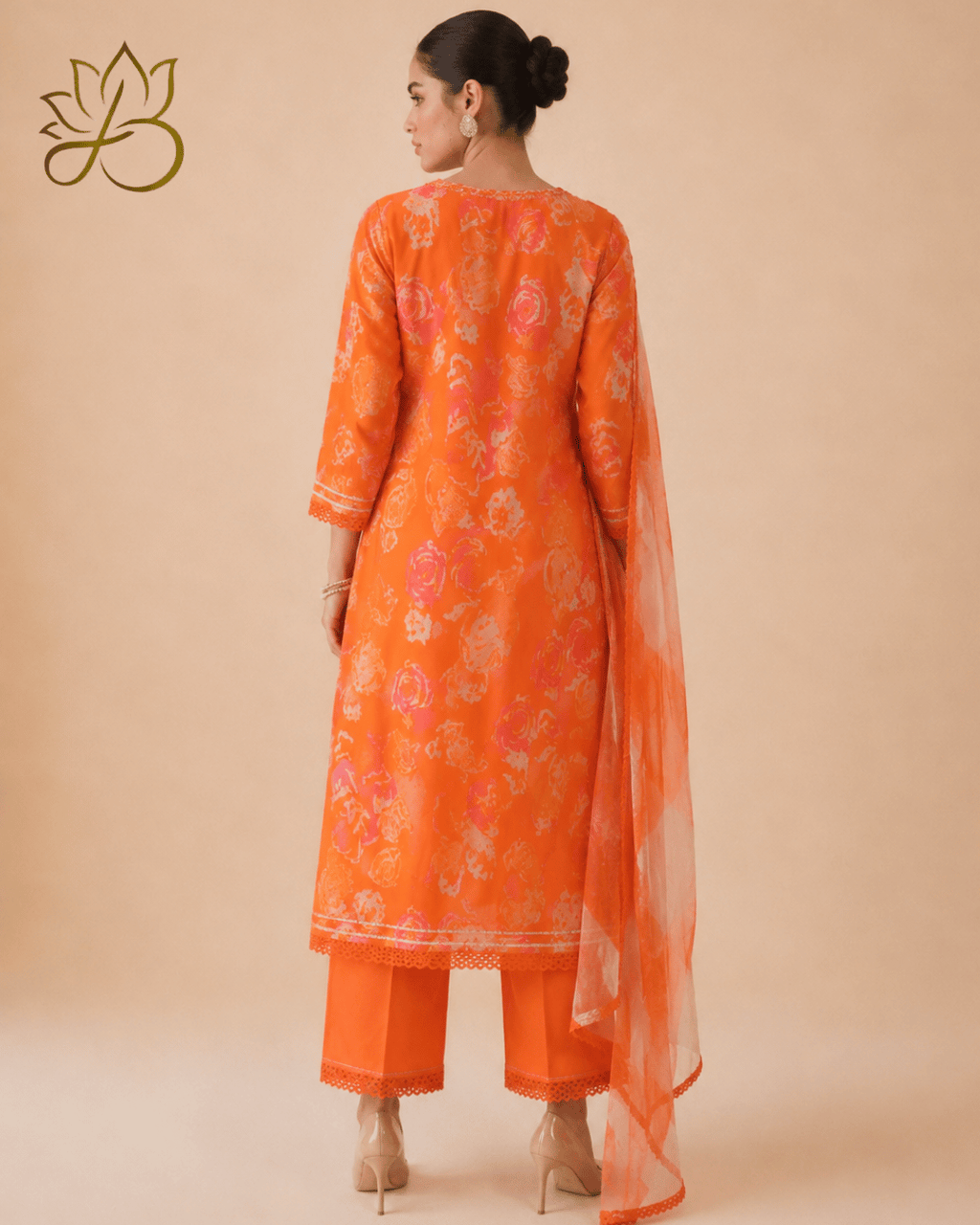 Orange Floral Print Suit Set with Organza Dupatta