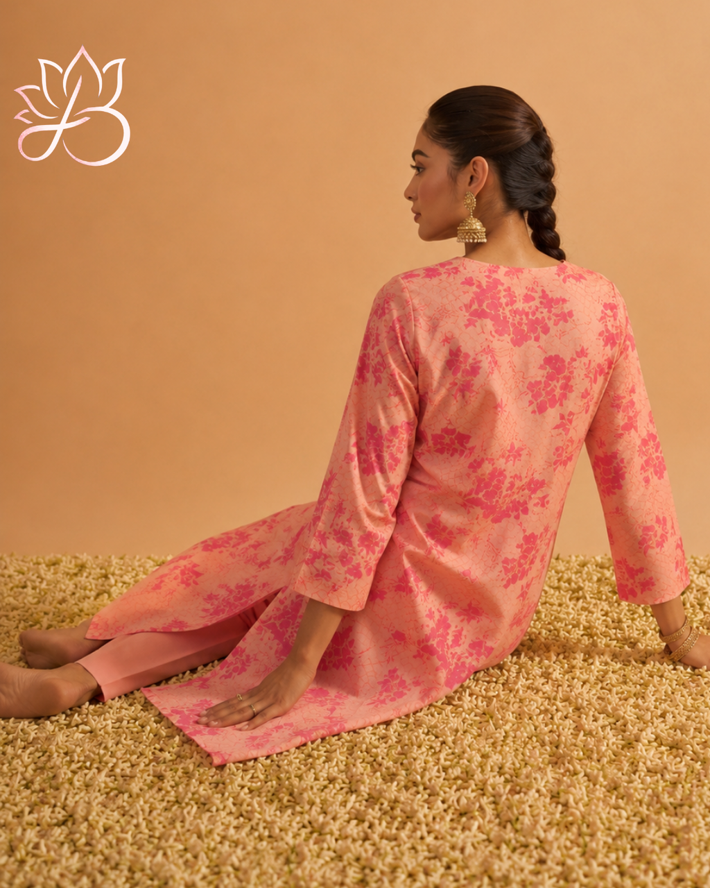 Peach Floral Print Straight Kurta