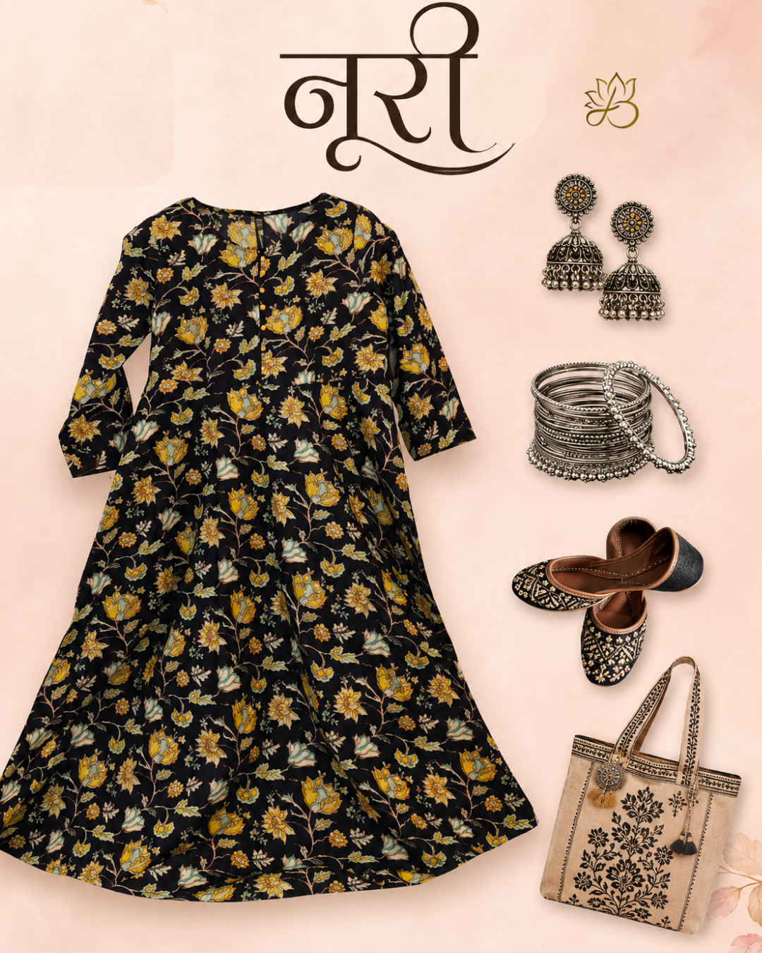 Noori Black Floral Print Anarkali Kurti