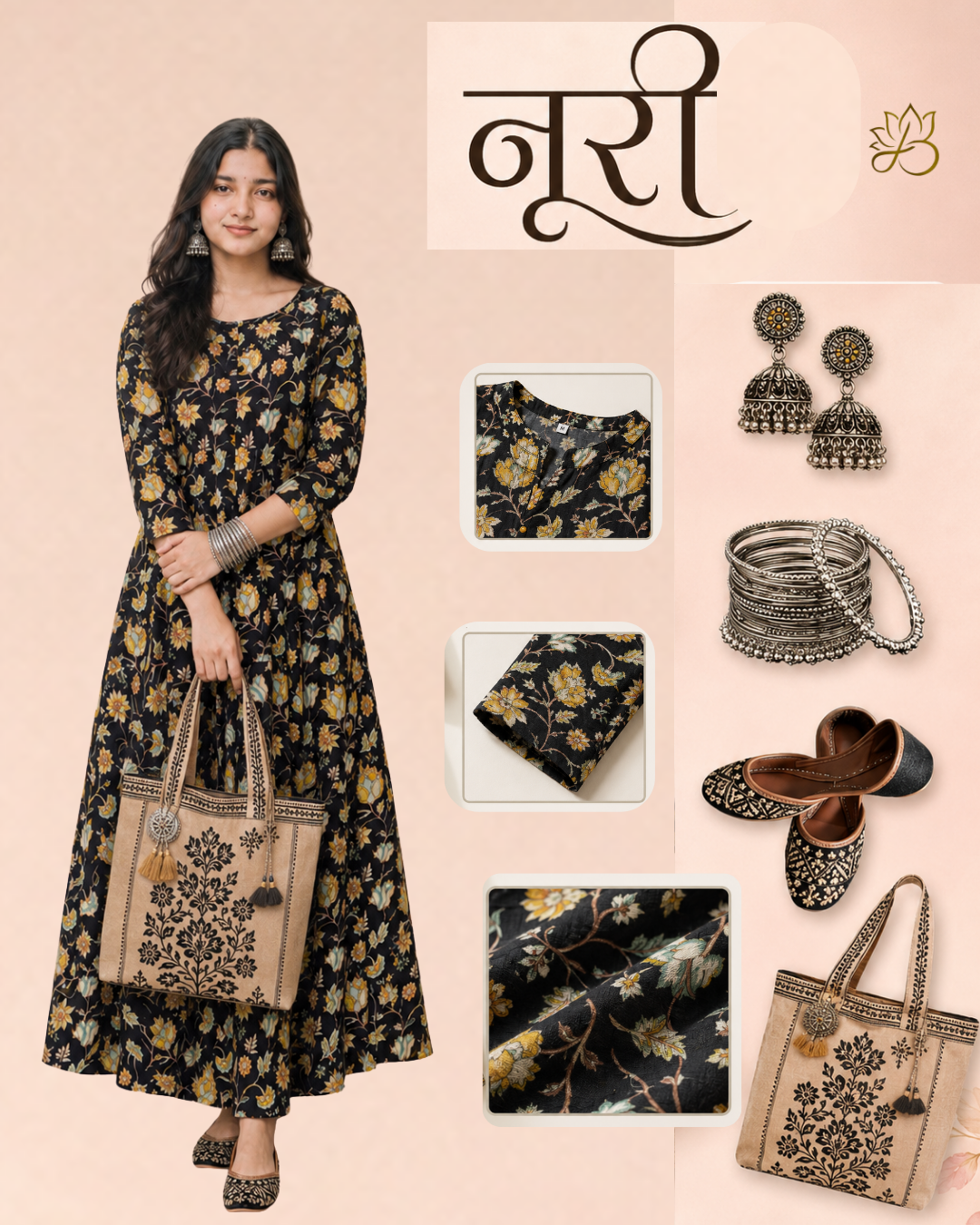 Noori Black Floral Print Anarkali Kurti