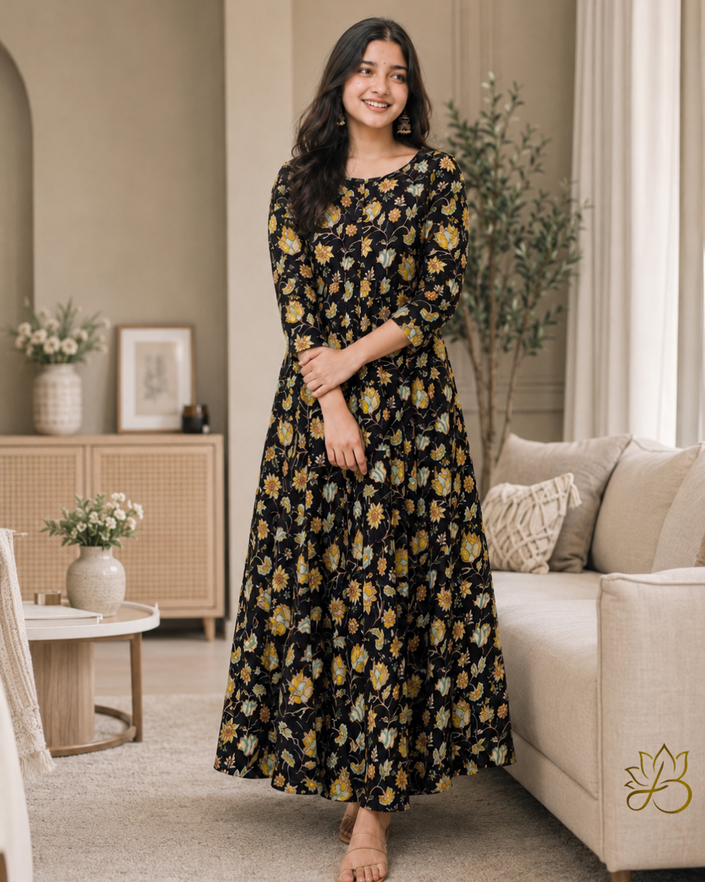 Noori Black Floral Print Anarkali Kurti