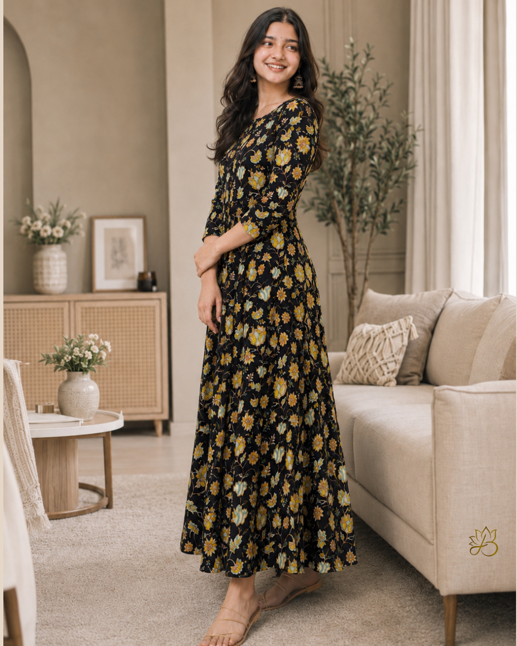 Noori Black Floral Print Anarkali Kurti