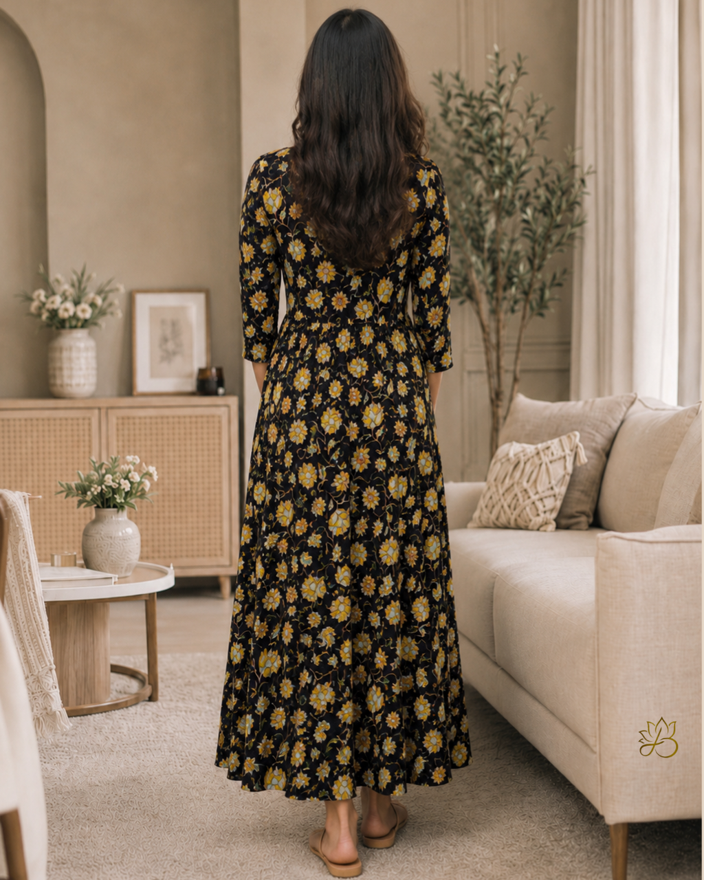 Noori Black Floral Print Anarkali Kurti