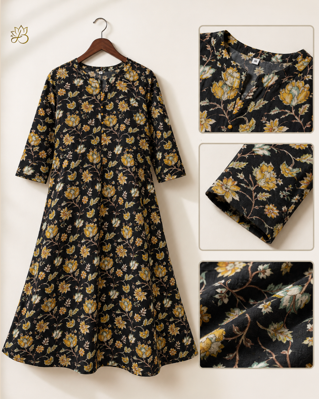 Noori Black Floral Print Anarkali Kurti