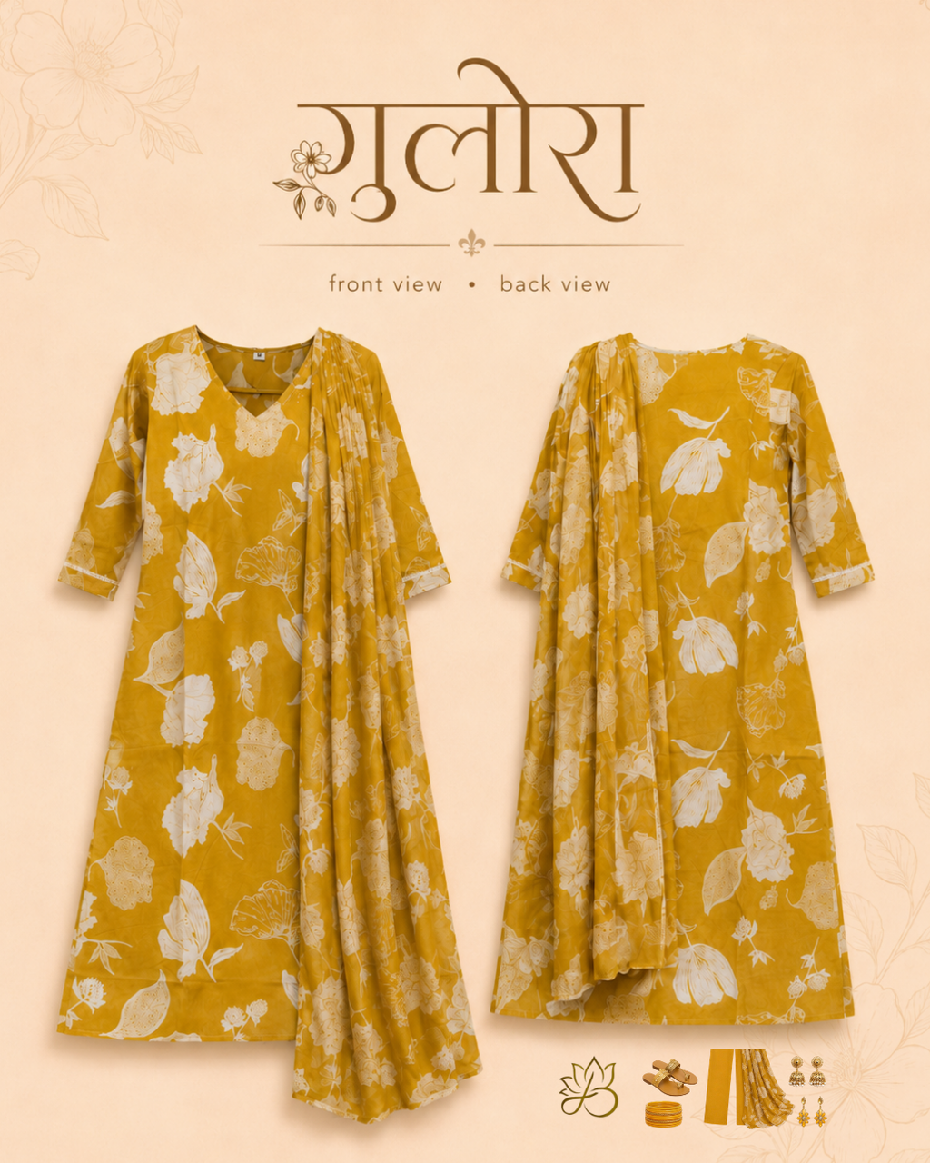 Gulora Mustard Floral Print Kurta with Dupatta