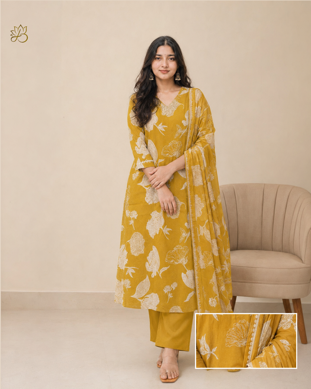 Gulora Mustard Floral Print Kurta with Dupatta