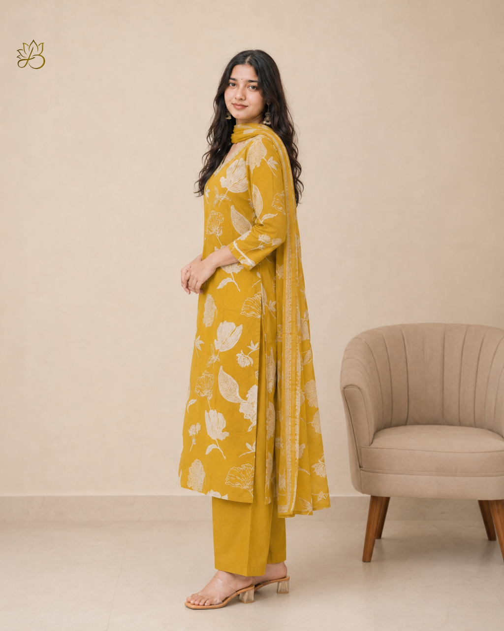 Gulora Mustard Floral Print Kurta with Dupatta