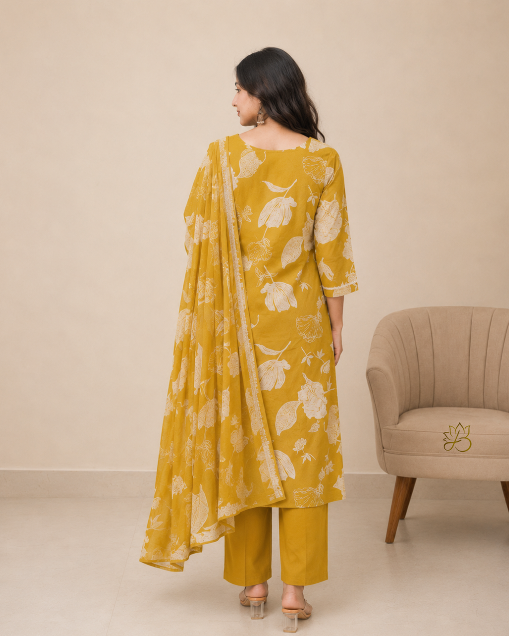 Gulora Mustard Floral Print Kurta with Dupatta