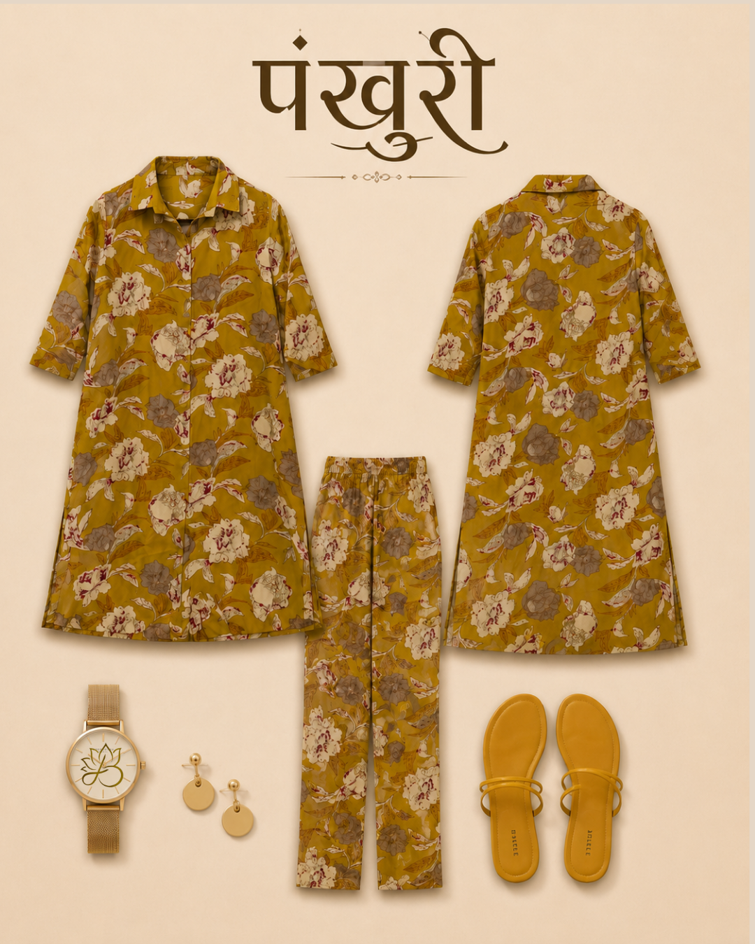 Pankhuri Mustard Floral Print Shirt Dress Co-ord Set