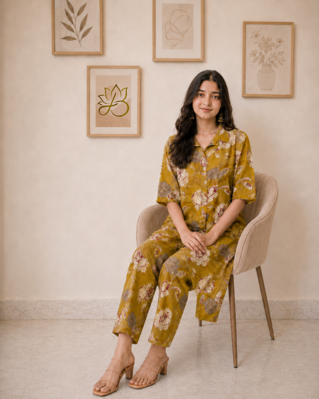 Pankhuri Mustard Floral Print Shirt Dress Co-ord Set