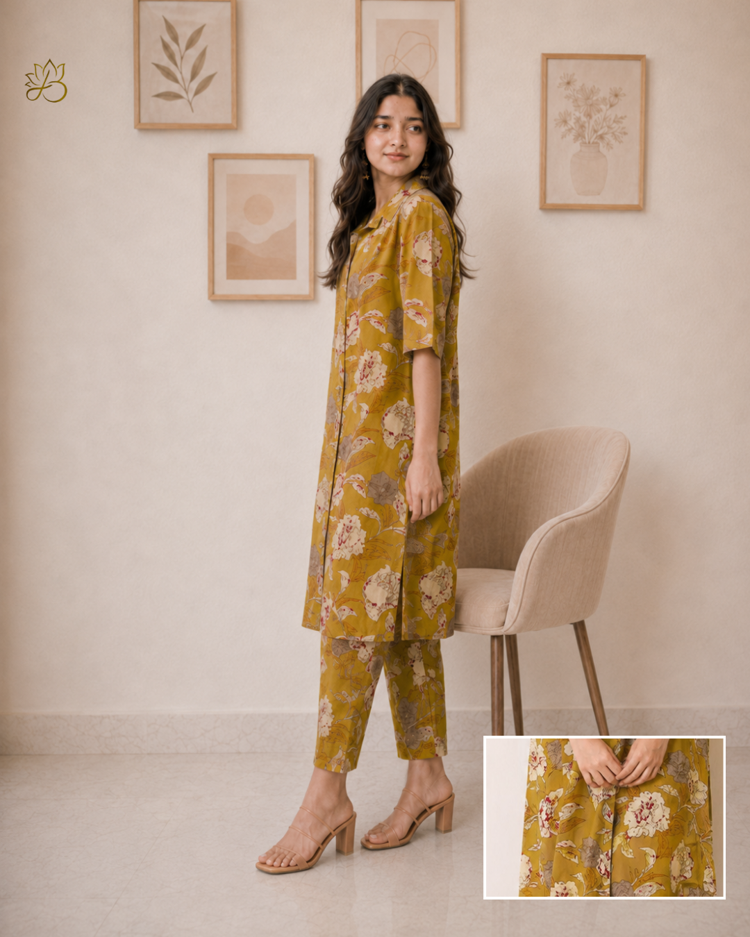 Pankhuri Mustard Floral Print Shirt Dress Co-ord Set