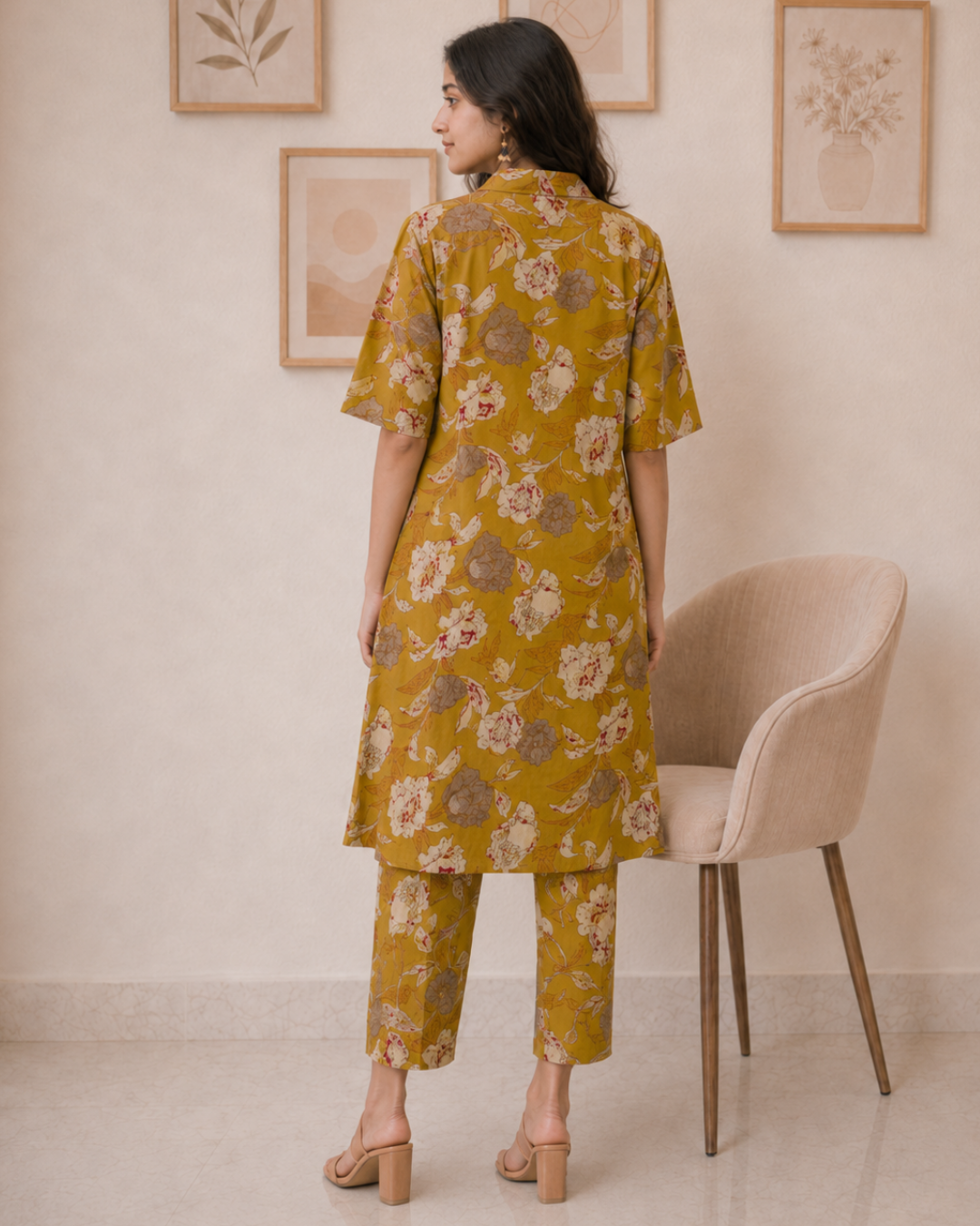Pankhuri Mustard Floral Print Shirt Dress Co-ord Set