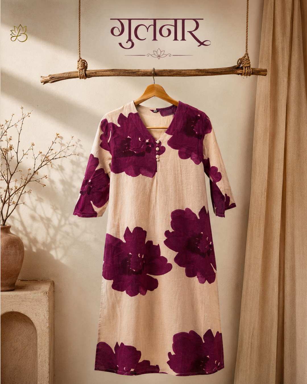 Gulnar Beige Floral Print Straight Kurta with Pants