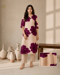 Gulnar Beige Floral Print Straight Kurta with Pants