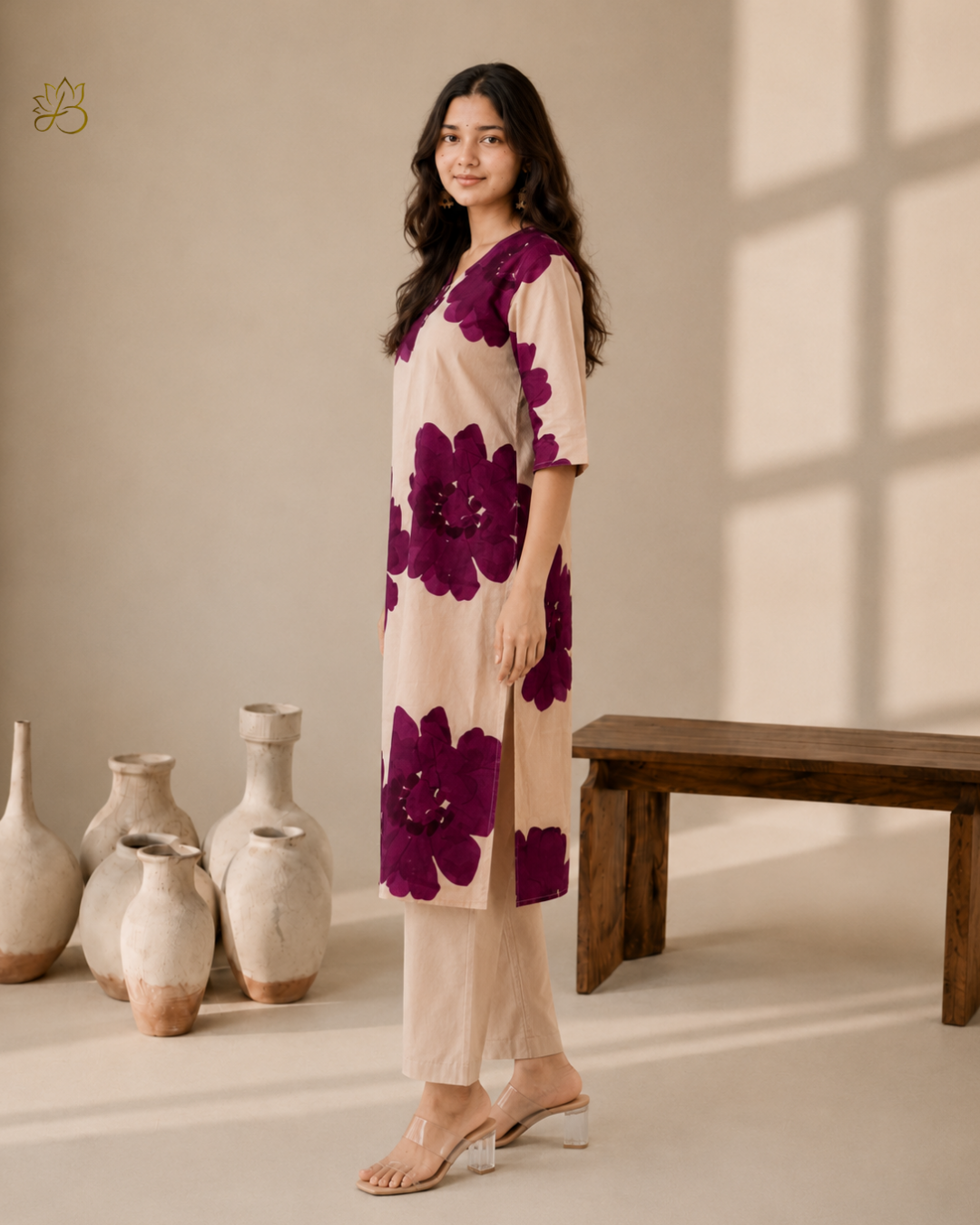 Gulnar Beige Floral Print Straight Kurta with Pants