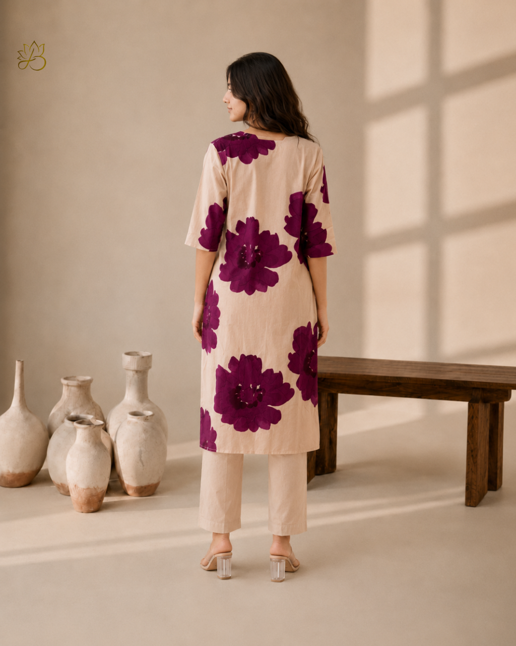 Gulnar Beige Floral Print Straight Kurta with Pants
