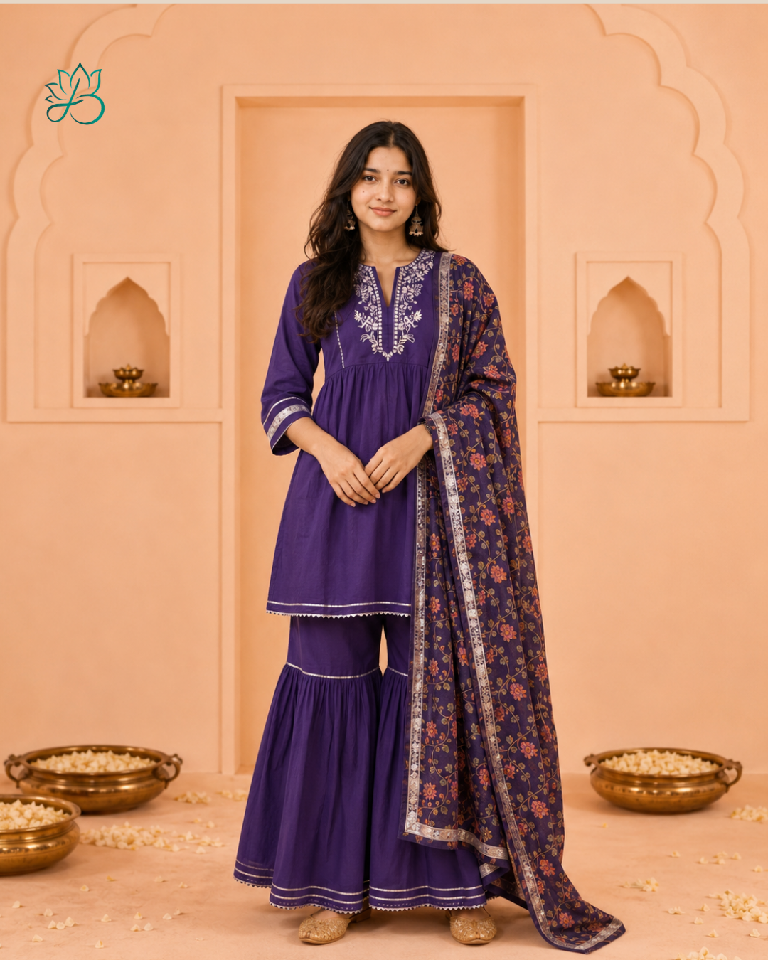 Banafsha Purple Embroidered Sharara Set with Dupatta