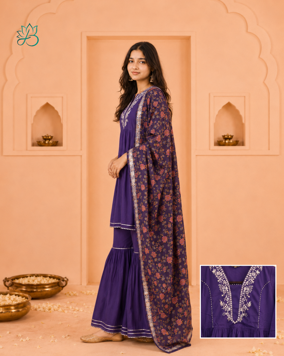 Banafsha Purple Embroidered Sharara Set with Dupatta