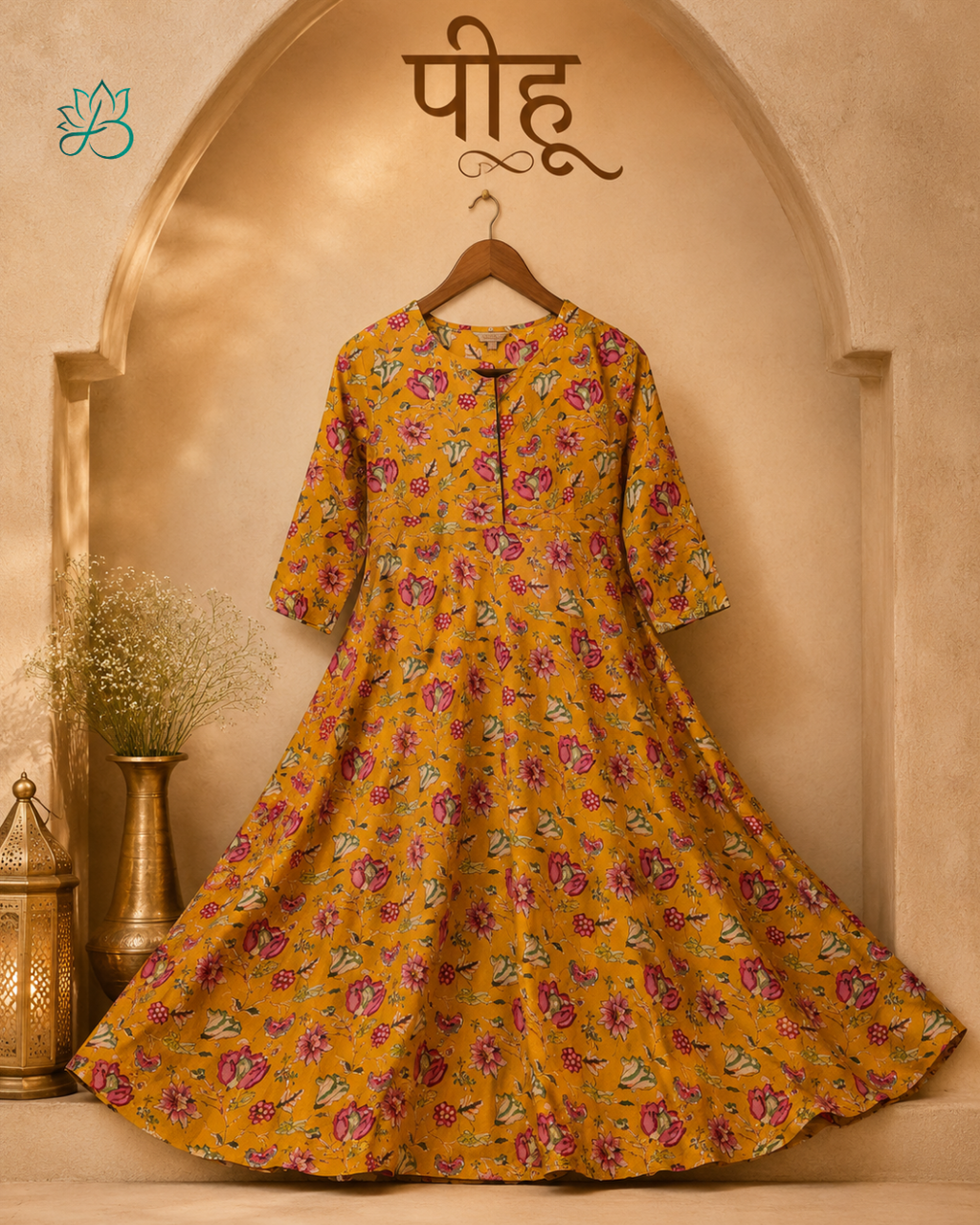 Peehu Mustard Floral Print Anarkali Kurta with Pants