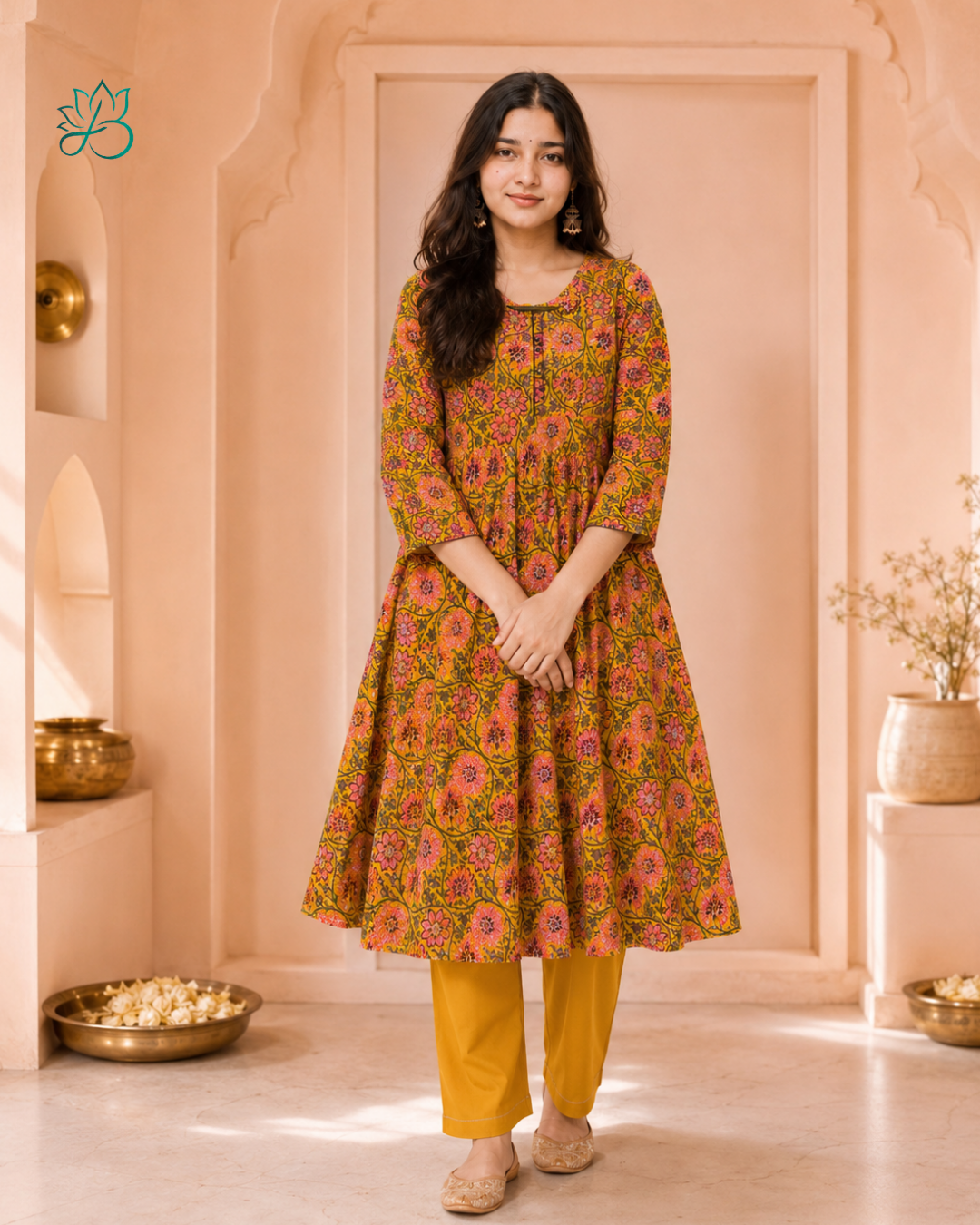 Peehu Mustard Floral Print Anarkali Kurta with Pants
