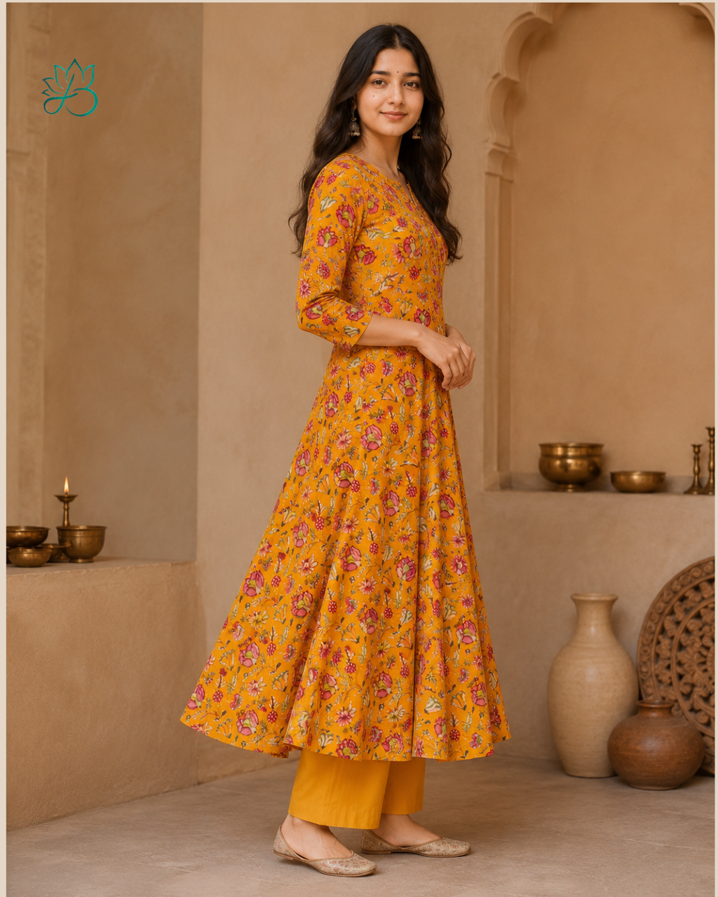 Peehu Mustard Floral Print Anarkali Kurta with Pants