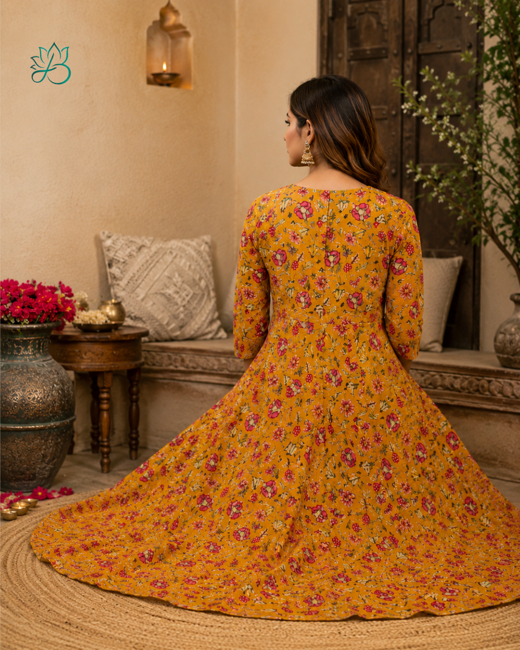 Peehu Mustard Floral Print Anarkali Kurta with Pants